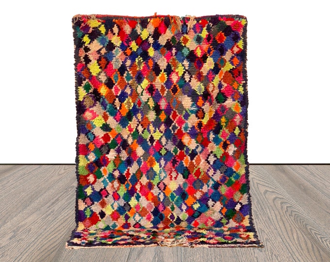 Colorful Diamond Moroccan vintage Berber area Rug. 4x6 worn rugs.