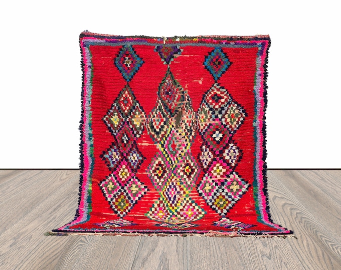 6x4 Feet Red Diamond Moroccan Vintage Area Rug.