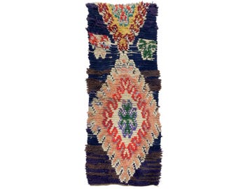 ヴィンテージ モロッコ ランナーラグ：7x2 レッドダイヤモンドラグ