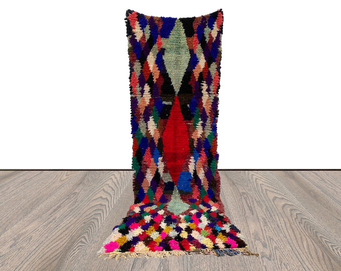 Hand woven Diamond Colorful  long runner Berber Rug, 3x10 Moroccan vintage shag Rugs.