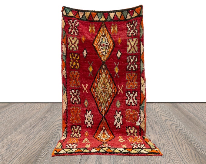 3 BY 7 Moroccan vintage red Rugs, Berber old woven Rugs.