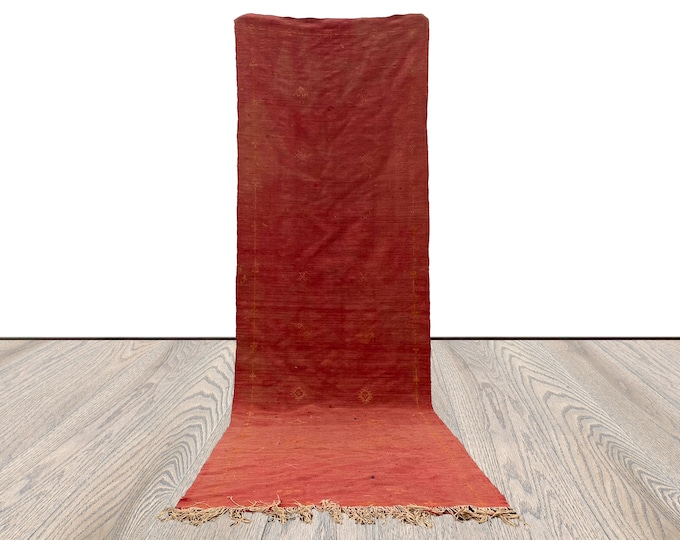 3x8 ft Moroccan flatweave faded red rug, Vintage solid runner Rug.