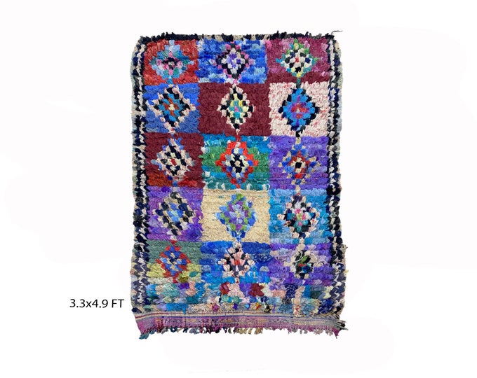 Vintage Moroccan Colorful Rug 3x5, Boucherouite small rug.
