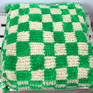 Moroccan checkered Pouf, Berber checker square Ottoman Bright Green & white