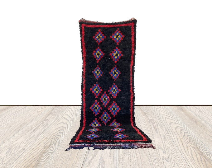 3 x 9 ft Boucherouite black Rug, Moroccan Vintage Rug.