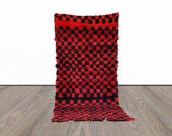 Large Moroccan checkered Red and Black vintage runner Rug 4x10.
