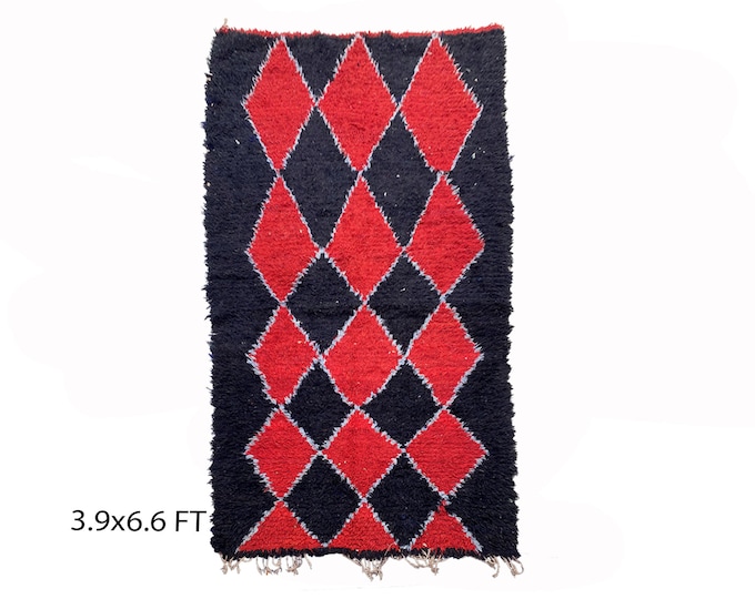 Moroccan Black and Red 4x7 rugs, diamond vintage rug.