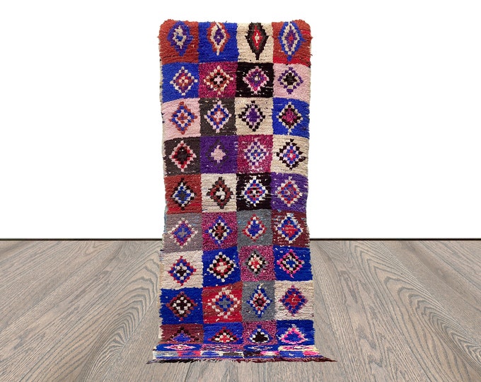 3x8 Berber grid Vintage Narrow runner Rugs, Handwoven Vintage colored Rug.