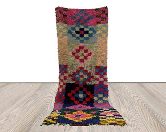 3 x 9 ft berber vintage colorful boucherouite runner narrow rug, moroccan checkered old rug.