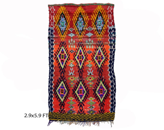 Moroccan Diamond worn area 3x6 rug, Small vintage wool rug.