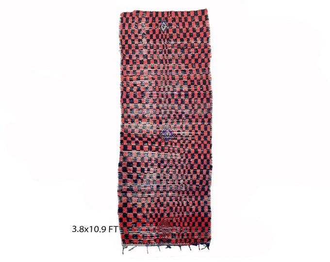 Moroccan checkered runner rug 4x11, red and black rug runner.