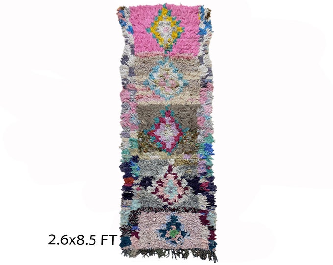 Vintage diamond runner rug 3x8.5, Moroccan colorful rug runner.
