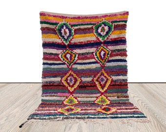 4 x 6 ft Striped Boucherouite Vintage area Rug, colorful Moroccan Bohemian Rug.
