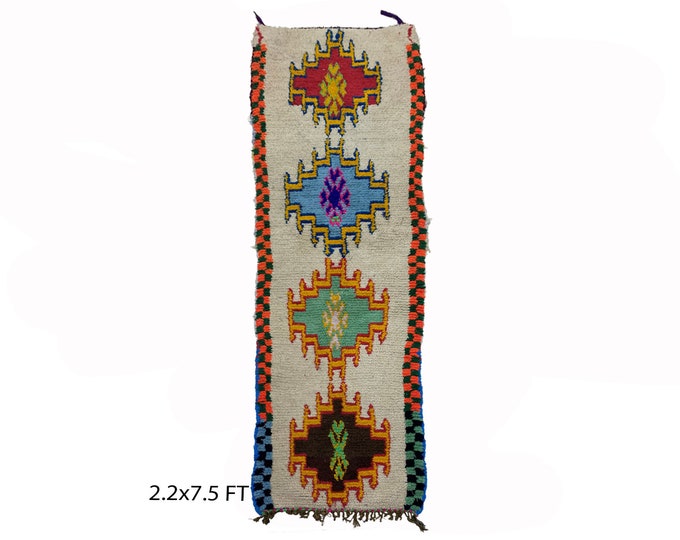 Bohemian Vintage Moroccan 2x7.5 Runner Rug , Handwoven Colorful Wool Rug Runner.