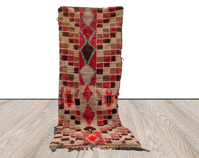 3x9 ft Moroccan woolen Vintage runner Rugs, Berber Colorful grid Rugs.
