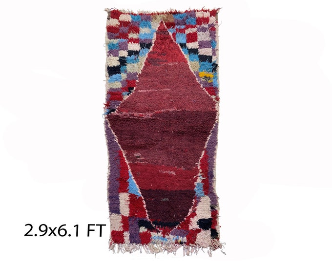 Small Moroccan area rug 3x6, vintage colorful Berber rugs.