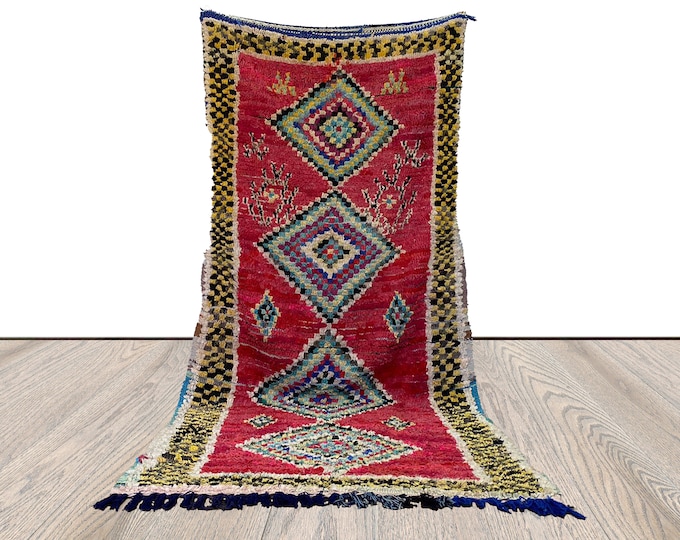 4ft by 9ft, moroccan boucherouite colorful area rug.