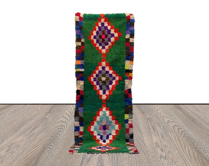 Moroccan unique runner Rugs, 3x9 Handwoven Green vintage rugs.