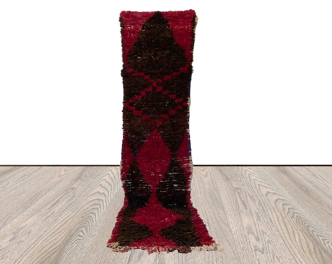 3x10 ft Moroccan Red and Black vintage runner Rug. Berber large narrow runners Rugs