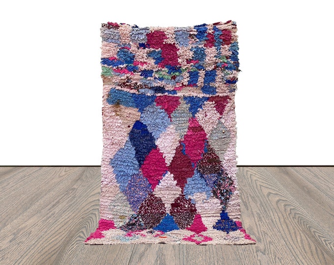 Boucherouite Hand Woven colorful Diamond runner Rugs, 3x6 Moroccan vintage Berber Rug.