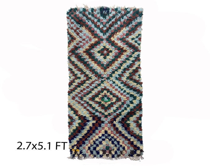 Small vintage checkered area rug 3x5, Moroccan colorful old rugs.