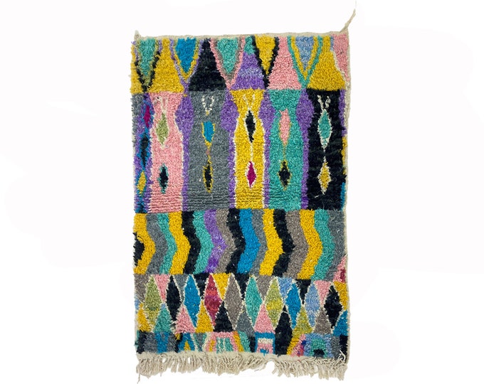 Colorful Moroccan Hand Knotted Rug, Unique Bohemian area rug.