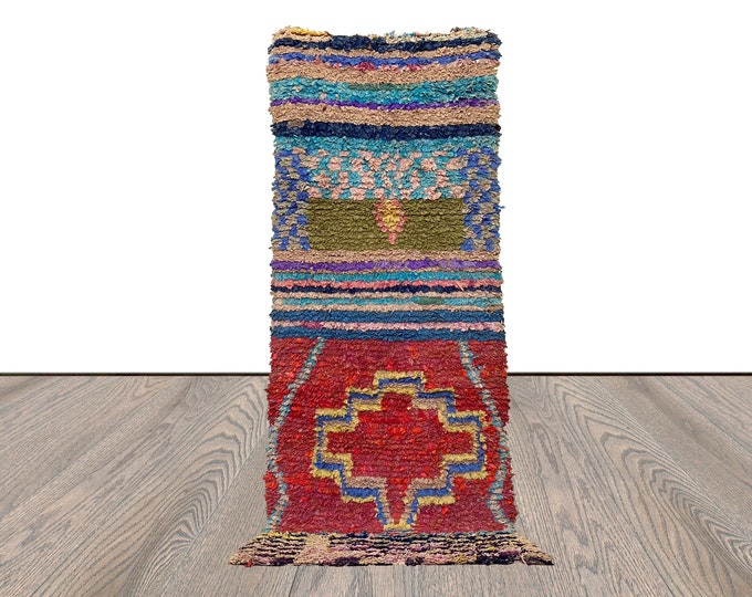 3x8 Boucherouite rug: Moroccan runner vintage Rugs, Berber shag Rug.