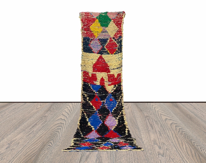 3x9 Colorful Diamond Boucherouite Runner Rug.