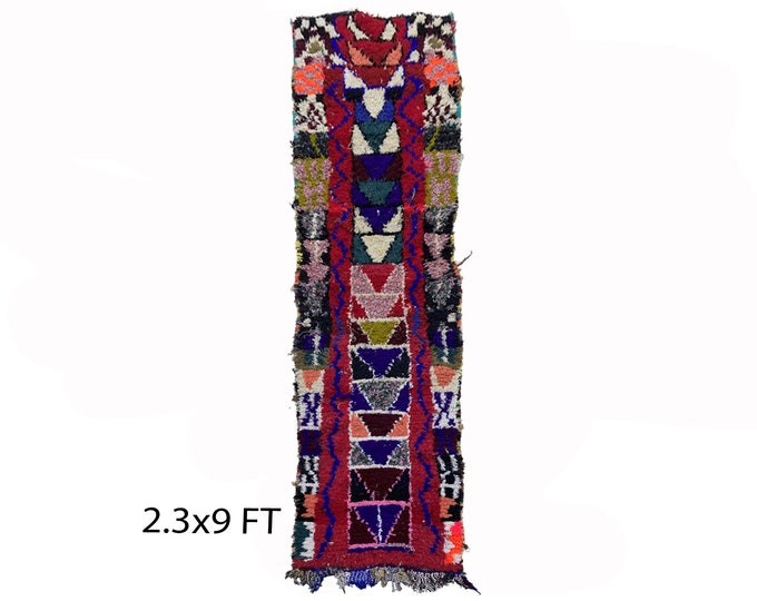Long colorful Moroccan 2x9 runner rug, vintage Berber rug runner.