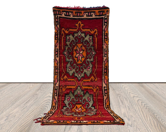 woolen vintage colorful rug, 2.7x8.4 ft, moroccan tribal woven narrow runner rug.