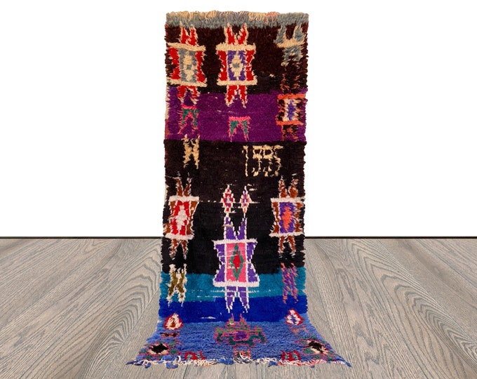 Moroccan vintage Berber Narrow runner Rug, 3x8 Colorful Handwoven Rare Rugs.