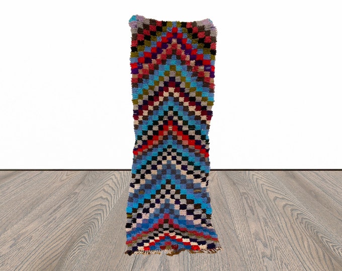 Checkered Colored Chevron Rugs 2x7, Moroccan vintage Berber narrow runner Rug.