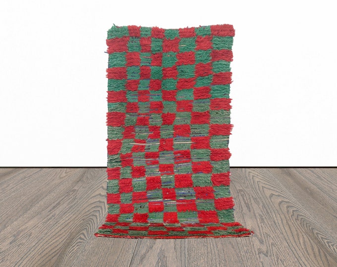 Moroccan checkered red and green 3x6 runner rug.