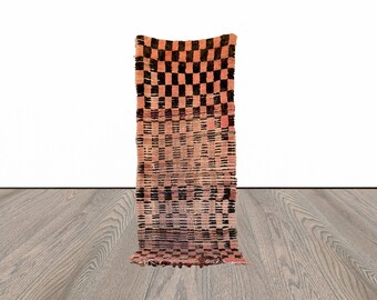 3x7 Moroccan Vintage worn checkered runner Rug.