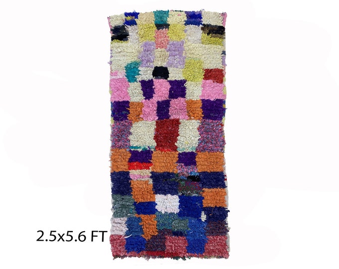 Moroccan vintage colorful rug 2.5x6, small checkered area rugs.