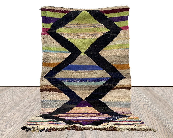 Moroccan vintage flatweave rug, Berber Colorful area Rug, 4ft by 7ft.