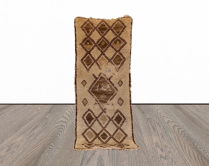 3x6 Moroccan White Rugs and Diamond Brown. Vintage woolen worn Rug.