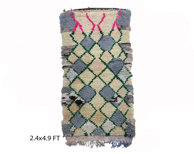 Small Moroccan vintage rug 2x5, Diamond colorful Berber rug.