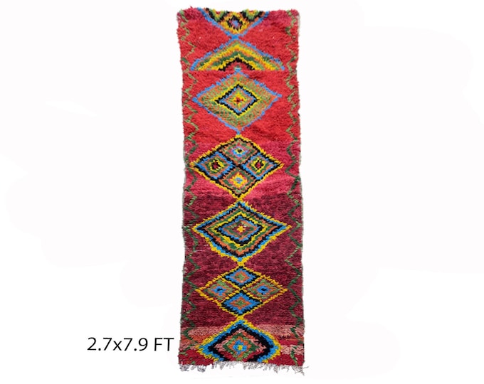3x8 Unique diamond runner rugs, Vintage Moroccan rug runner.