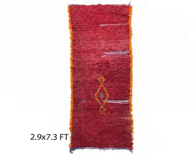 Berber Moroccan red runner rug 3x7, Narrow vintage rug runner.