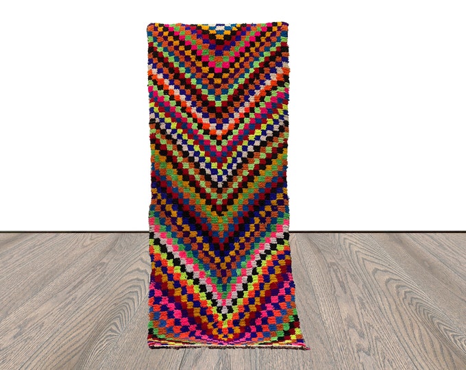 Moroccan Berber vintage handwoven checkered colorful runner rug. 3x7 ft.