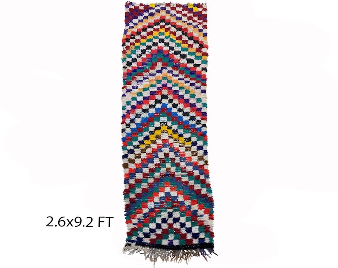 3x9 Narrow checkered runner rug, Moroccan vintage colorful rugs.