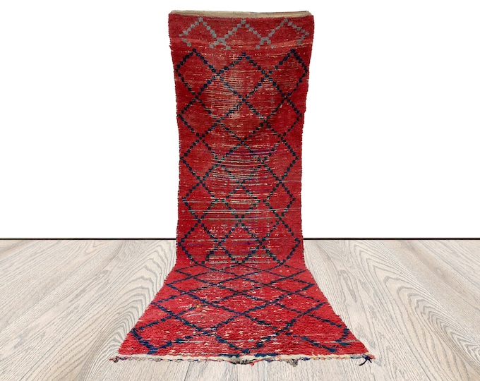 long runner rug, moroccan diamond unique rug, red and black runner rug.