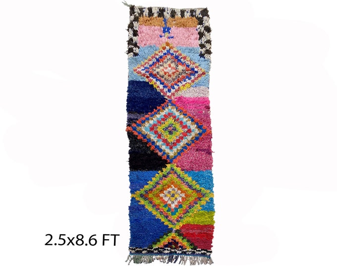 Long Moroccan Multi color 2x9 runner rug, vintage Berber rug runner.