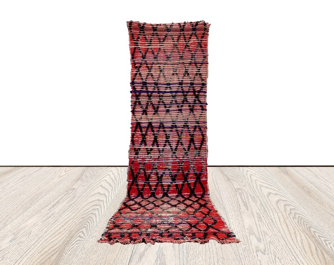 3 ft by 9 ft Berber woven Cotton and Wool Rug, vintage Moroccan Bohemian, narrow runner rug.