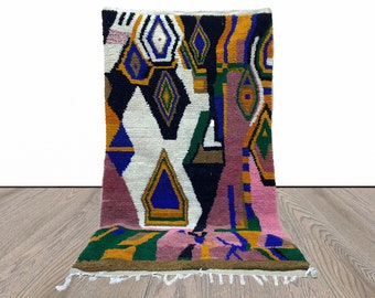 Handmade colorful Moroccan area rug: Beni ourain rug, Berber wool abstract rugs.