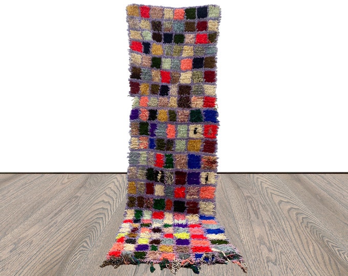 3x9 Berber hand woven grid vintage narrow runner Rugs, Vintage colorful Long Rug.