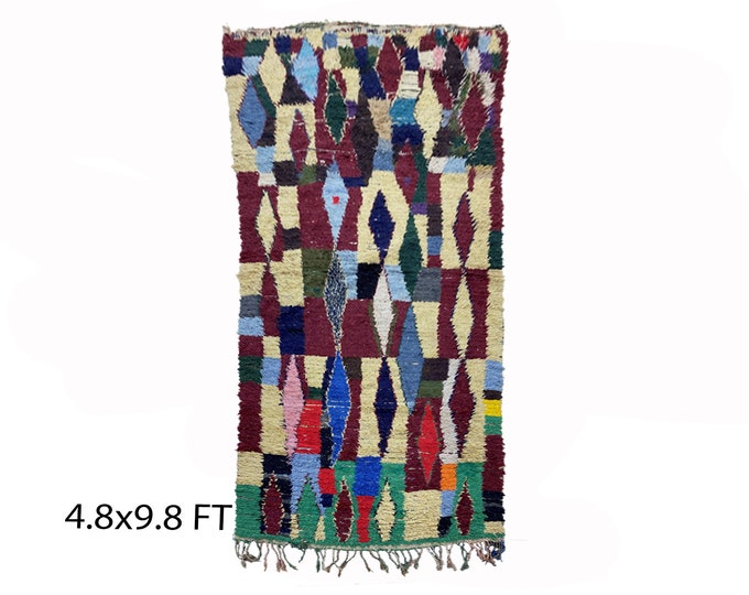 Large Moroccan diamond 5x10 rug, colorful vintage area rugs.