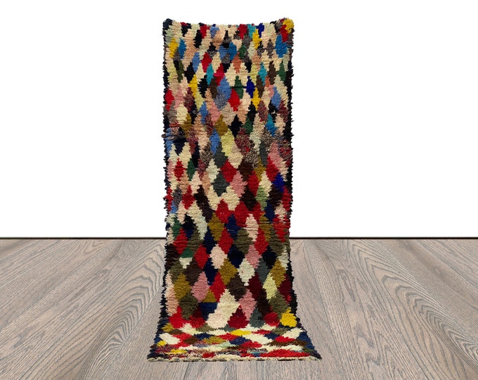 Boucherouite colorful Diamond runner Rug, 3x9 Vintage Moroccan runners Rug.