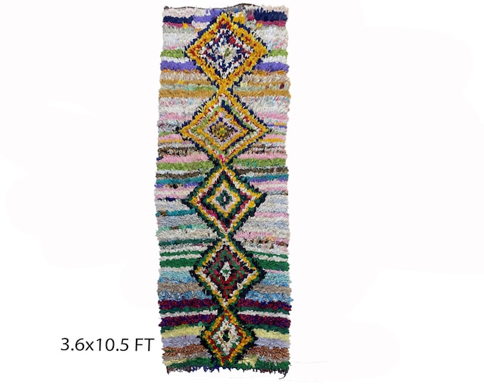 Large Moroccan runner rug 4x10.5, Diamond colorful rug runner.